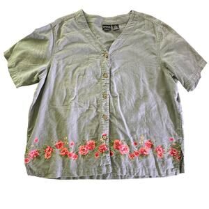Erika Collection 90s Grey Linen Cotton Floral Hem Button Front Top XL